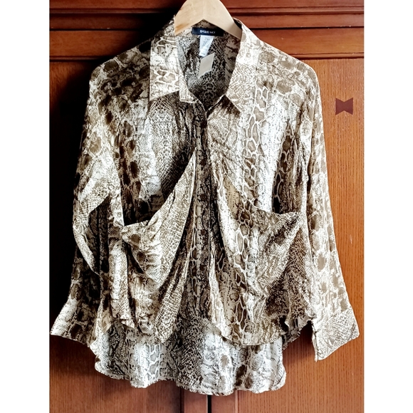 Epique Moi Women's Brown/Tan Runched Snake Print Button Front Blouse - Picture 16 of 16